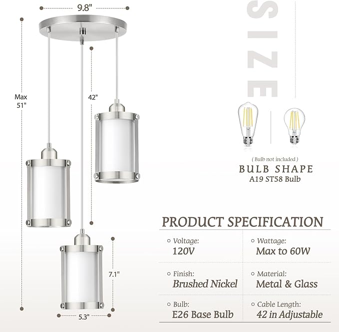 3-Light Pendant Lighting, Brushed Nickel Dining Room Chandelier Light Fixture Over Table with Milk Glass, Modern Cluster Hanging Lights for Kitchen Island Sink, OS-3014-3BNW
