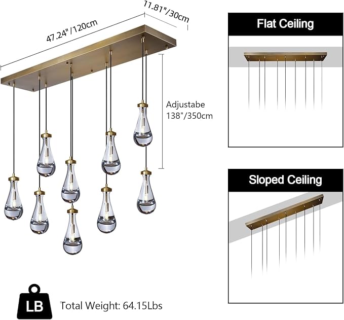 Raindrop 9-Light Chandelier, Modern Brass Teardrop Pendant Light Fixture for Dining Room, Kitchen Island Hanging Light, Adjustable Rope Gold Cluster Ceiling Lighting for Living Room & Entryway