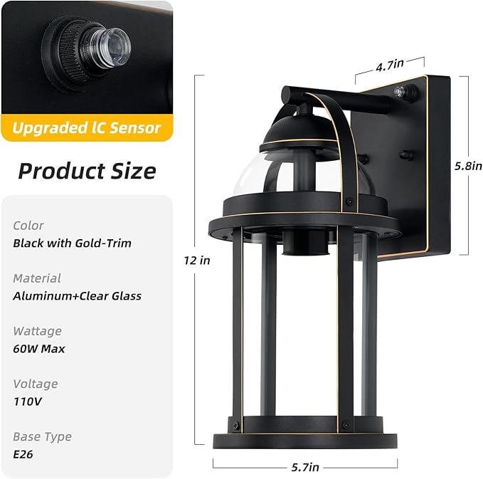 OKELI Dusk to Dawn Outdoor Wall Lights, Waterproof Lighting Fixtures Rustic Farmhouse Wall Lanterns with Clear Glass Shades Anti-Rust Outside Lights for House(Black with Gold-Trim, 2 Pack)