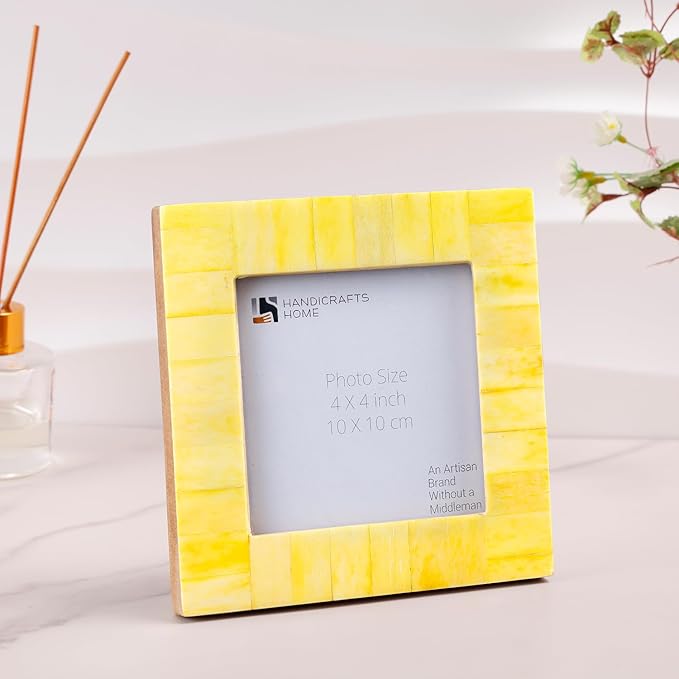 Handicrafts Home Yellow 4x4 Picture Frame for Christmas Decor & Holiday Gifting Handmade Photo Frame, Modern Minimalist Home Decor, Wedding Gift, Vintage Bone inlay Frames for Aesthetic & Living Room