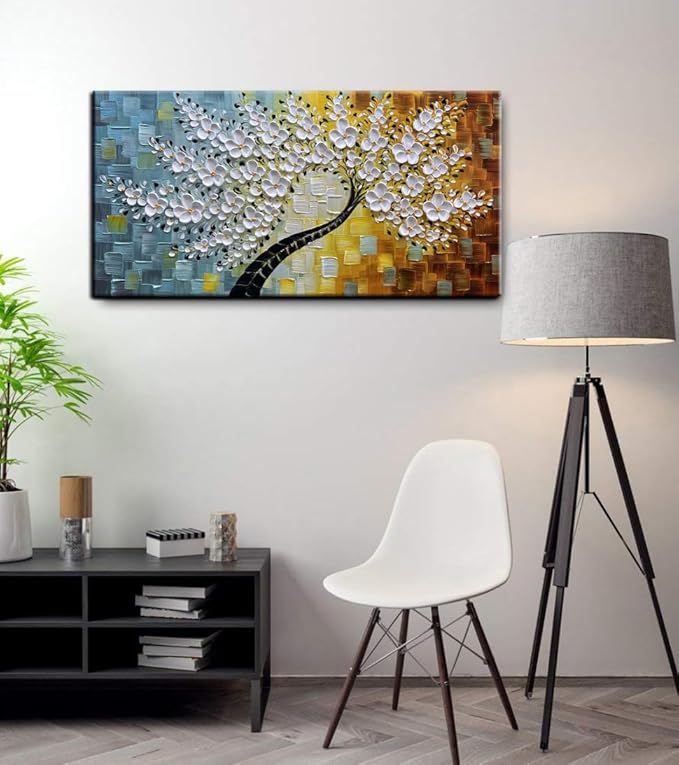 YaSheng Art-Handmade White Flower Contemporary Art Oil Painting On Canvas 3D Texture Abstract Tree Paintings Modern Home Bedroom, Dining Room, Wall Art Decor Ready to Hang20x40inch