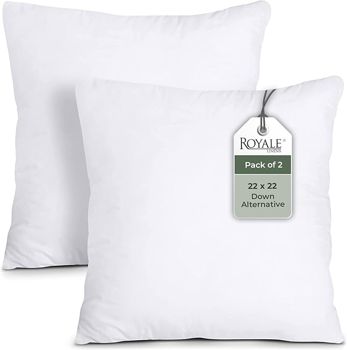 ROYALE LINENS 22 x 22 Pillow Insert - Down Alternative Throw Pillows Insert - Square Pillow Pack of 2 White - Bed & Couch Pillows - Inner Cushion for Bed, Cushion for Living Room - Shams Stuffer