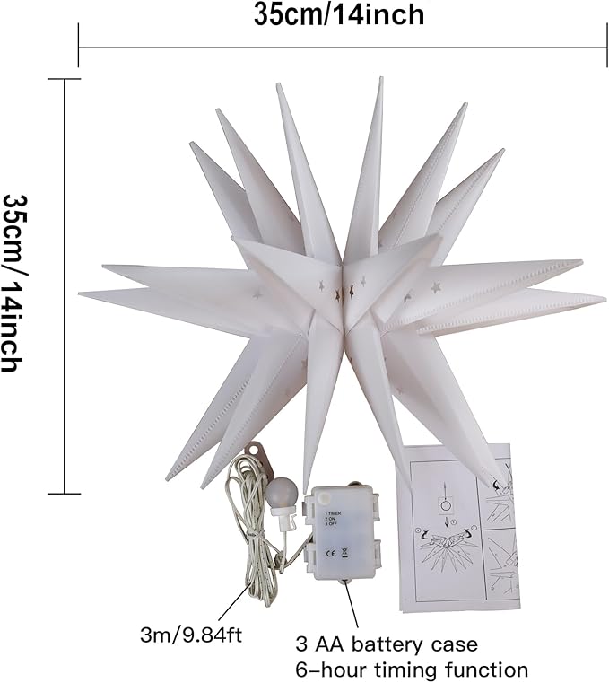 FUCHSUN 14" LED Moravian Star Light, Outdoor Hanging Stars Lights 3D Christmas Tree Topper Star for Ceiling Balcony Xmas Party Porch Room Wedding Ballroom Holiday Decoration, Battery Powered & Timer