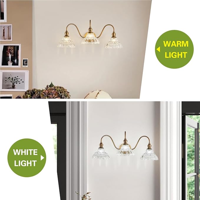 Vintage 3-Light Wall Sconces Modern Brass Bathroom Vanity Lighting Fixtures Glass Retro Vanity Light for Bedroom, Bathroom, Doorway, Foyer, Hallway Light