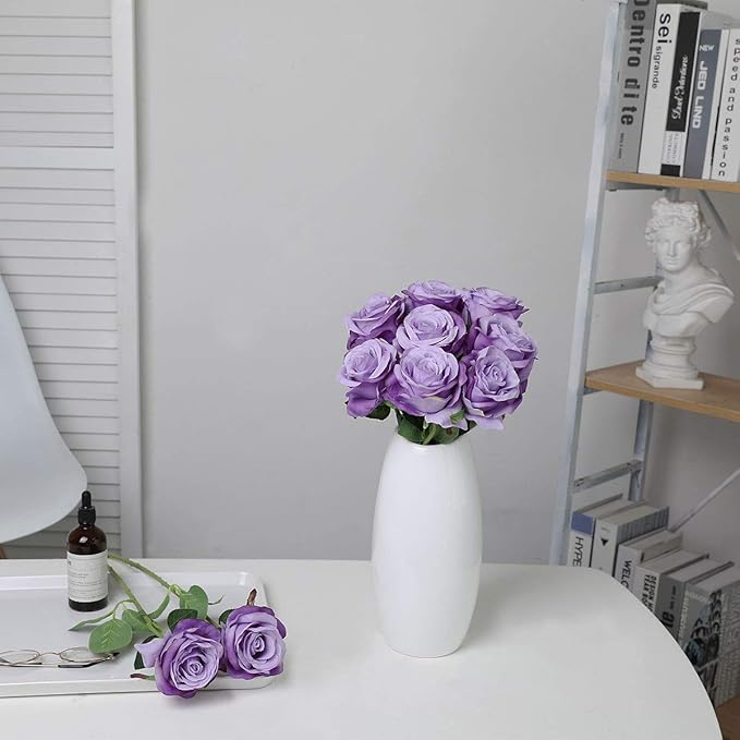 Nubry Artificial Silk Rose Flower Bouquet Lifelike Fake Rose for Wedding Home Party Decoration Event Gift 10pcs (Light Purple)