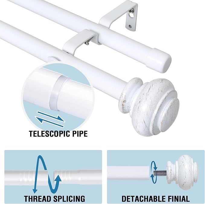 H.VERSAILTEX Double Curtain Rods for Windows 16.2 to 137.4 Inches 3/4 inch Diameter Adjustable Decorative Telescoping Double Curtain Rod with Brackets Heavy Duty Splicing Double Curtain Rods, White
