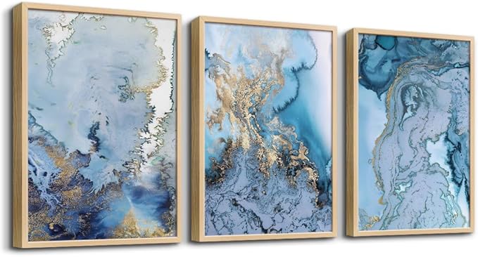 hyidecorart Natural Wood Framed Wall Art For Living Room Large Wall Decor For Office Hotel Bedroom Decoration Minimalist blue Abstract Paintings Watercolor Wall Pictures Artwork Home Decor 3 Piece