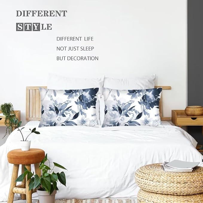 Florals Throw Pillow Cover Queen Size Set of 2 Navy Watercolor Flowers Pillowcases Boho Floral Lumbar Pillow Case Soft Standard Pillow Cases with Zipper Decorative Cushion Covers,20"x30",Blue White