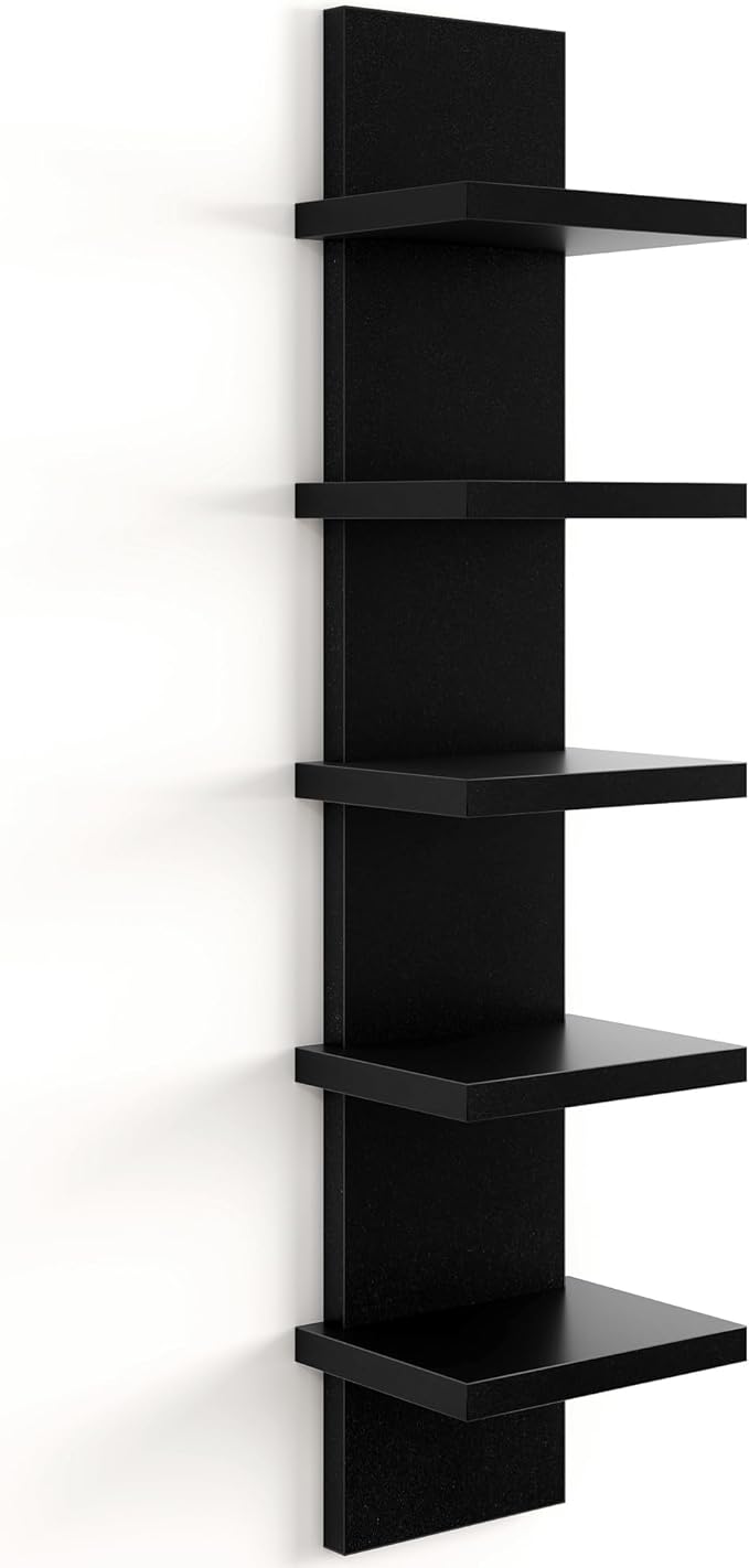 Fun Memories 5 Tier Wall Shelf Unit, Decorative Wall Mount Vertical Shelving, Floating Storage Home Decor Organizer Tall Tower Design Utility Shelving Bedroom Living Room, Black