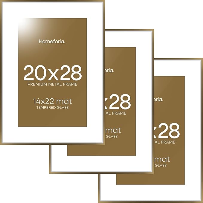 Homeforia Picture 20x28 Bronze Frame, High End Metal 20 x 28 Brass Poster Frames with Mat 14 x 22 for Photo, 20x28 Frame Matted to 14x22 Print, 28x20 Hanging Frames, Tempered Glass, Wall Kit, Set of 3