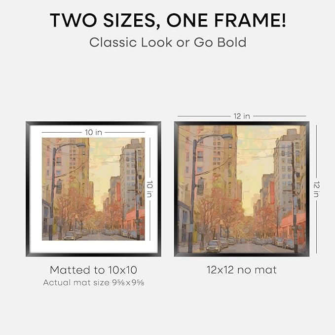 Homeforia Black 12x12 Picture Frames, High End Metal 12 x 12 Square Poster Frame with Mat 10 x 10 Photo, 12x12 Black Frame Matted to 10x10 Print, 12by12 Thin Frames, Tempered Glass, Wall Kit, Set of 2