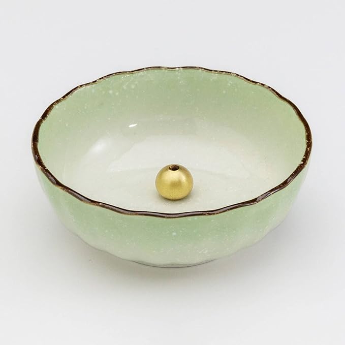 Asayu Japanese Lotus Incense Holder for Sticks 4.1 inch (105mm), Traditional Made in Japan Ceramic Ash Catcher and Brass Incense Burner Set - Light Green