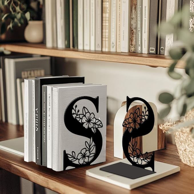 Peacoblue Metal Bookends for Shelves, Modern Decorative Heavy Duty Study Book Ends Stoppers for Office, Desk, Shelf, Room 5.3"x4.3"x7.1" Cast Iron Simple Tall Bookends 1 Pair (Letter S with Flower)