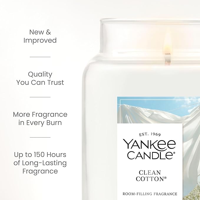 Yankee Candle Clean Cotton, Scented Candle, 22oz Large Jar with up to 150 Hour Burn Time, Giftable, Birthdays