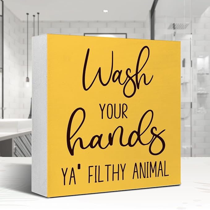 LVQHI Funny Bathroom Wood Block Signs,Wash Your Hands YA' Filthy Animal Wooden Box Sign for Bathroom Shelf Toilet Restroom Home Tabletop Desk Decor,Rustic Bathroom Sign Decor Yellow