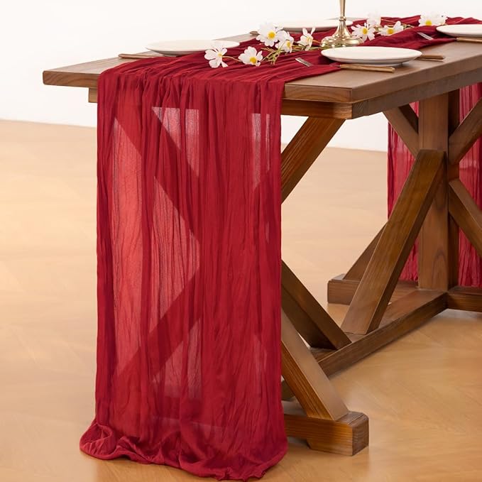 Socomi 6pcs Red Cheesecloth Table Runner Boho Rustic Gauze 120 inch 10FT Cheese Cloth Runner for Wedding Party Baby Shower Birthday Home Decor Holiday Decorations