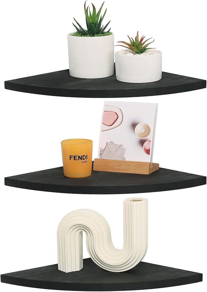 Joiishom Corner Wall Shelf Set of 3, Floating Corner Shelves, Rustic Wood Wall Storage Display Shelves for Living Room Bedroom Bathroom Kitchen (Round Edge-Black)