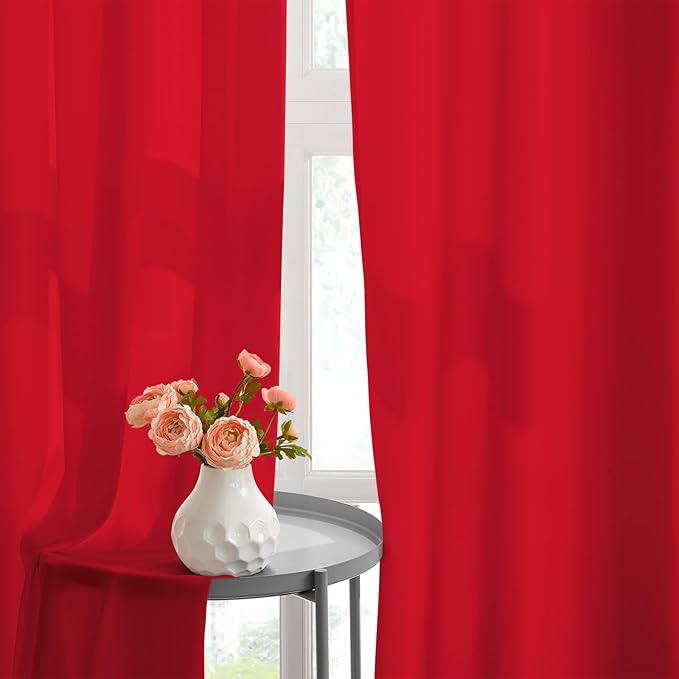 HOMEIDEAS Christmas Non-See-Through Red Privacy Sheer Kitchen Curtains 36 Inches Long 2 Panels Set Light Filtering Curtains for Living Room Bedroom Drapes,W30xL36
