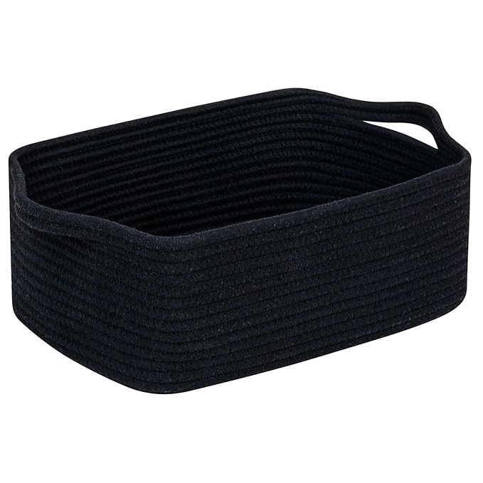 CubesLand Cute and Durable Small Cotton Rope Basket for Organizing, Woven Closet Storage Bin,Shelves Closet Storage Basket, Bathroom Storage Organizer Bin, Nursery Toy Basket Bin, Black Basket