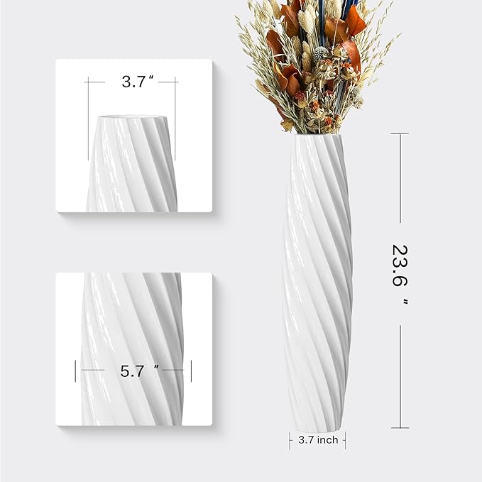 Tall Floor Vase, 23.6 inches Tall Vases Sturdy, Luxury, Textured for Decorative Branches Dried Flowers, Floor Vase for Rustic, Living Room, Shelf Decor (White)