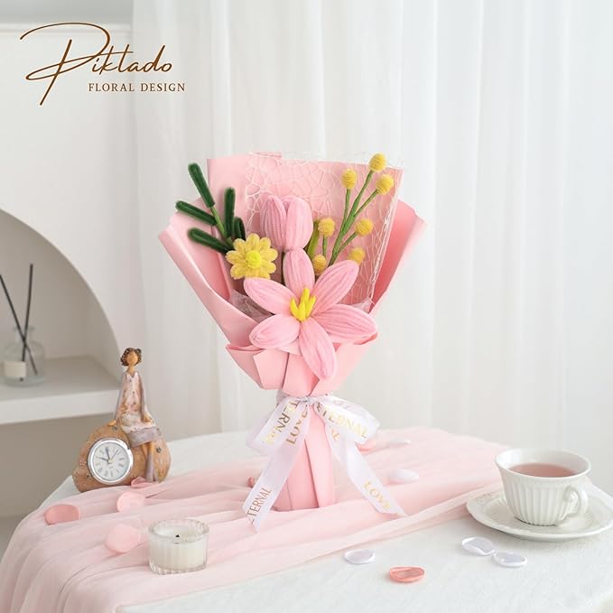 Hand-Woven Flower Bouquet Finished（1pcs） for Women Girlfriend Birthday Gift Wedding Decoration Crochet Artificial Flower, Bouquet Gift (Pink-Y)