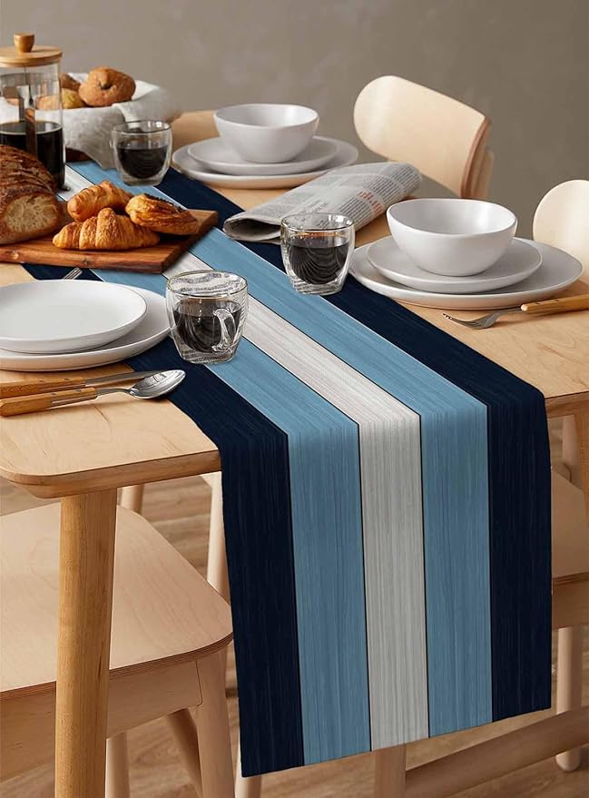 Navy Sky Blue White Table Runner, Farmhouse Cotton Linen Tablecloth Summer Holiday Table Decorations for Home,Kitchen,Dining Room,Indoor,Outdoor,13X60 Inches Long, Retro Rustic Barn Wood Texture