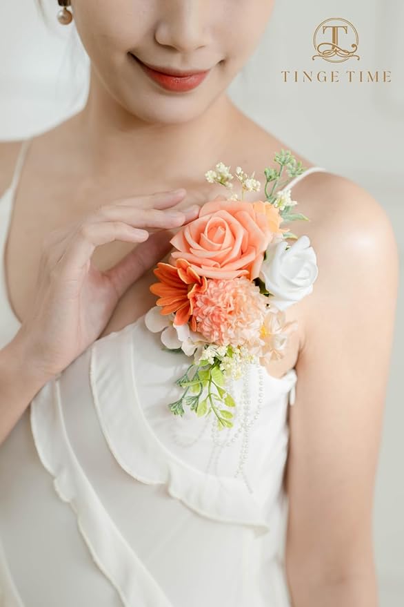 TINGE TIME Artificial Shoulder Corsages Flowers, Set of 2, Mother of The Bride Floral Corsage for Wedding Ceremony Anniversary Formal Dinner Party (CoralPink&Champagne)