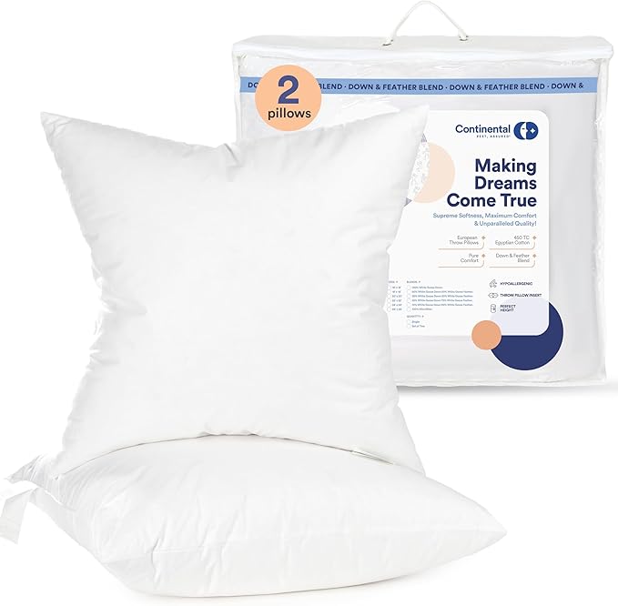 Continental Bedding | 10/90 Down and Feather Throw Pillow Insert | 100% Cotton 250TC Shell | Medium Loft Decorative Cushion | 20x20 | 2 Pack