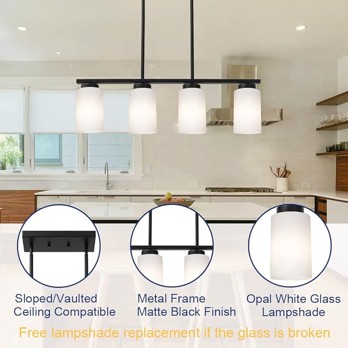 TODOLUZ Farmhouse Dining Room Pendant Light Fixtures in Black Finish, 4-Lights Island Lighting with Opal White Glass Shades for Kitchen