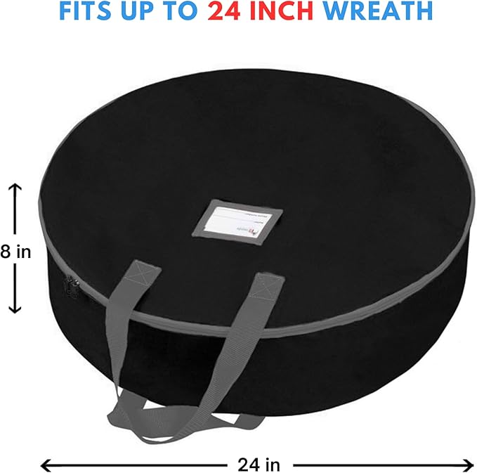 Primode Heavy Duty Christmas Wreath Storage Bag 24"- Garland Wreaths Container with Handles - Durable 600D Oxford Polyester Material Holiday Wreaths Storage Holder 24” (Black)