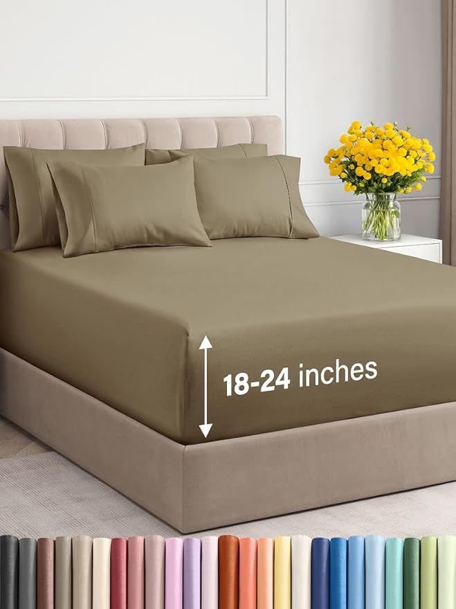 Extra Deep Queen Sheet Set - 6 Piece Breathable and Cooling Sheets - Hotel Luxury Bed Sheets Set - Easy & Secure Fit - Soft, Wrinkle Free and Comfy Sheets Set - Khaki Sheet Set with Extra Deep Pockets