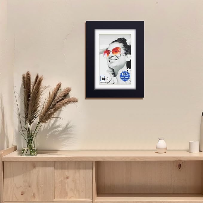 RPJC Picture Frame Made of Solid Wood and High Definition Glass Display Photo 4x6 with Mat or 5x7 Without Mat for Wall Mounting Dark Brown