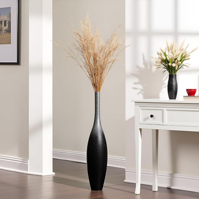 27.5" Tall Modern Floor Vase - Black with Silver Galaxy Ombre Finish - Resin Decorative Vases with Slim Neck & Weighted Base - Large Home Decor Vase for Living Room, Entryway