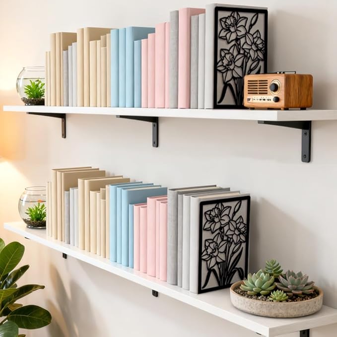 Peacoblue Metal Bookends for Shelves, Modern Decorative Heavy Duty Study Book Ends Stoppers for Office, Desk, Shelf, Room 5.3"x4.3"x7.9" Cast Iron Simple Tall Bookends 1 Pair (Daffodils)