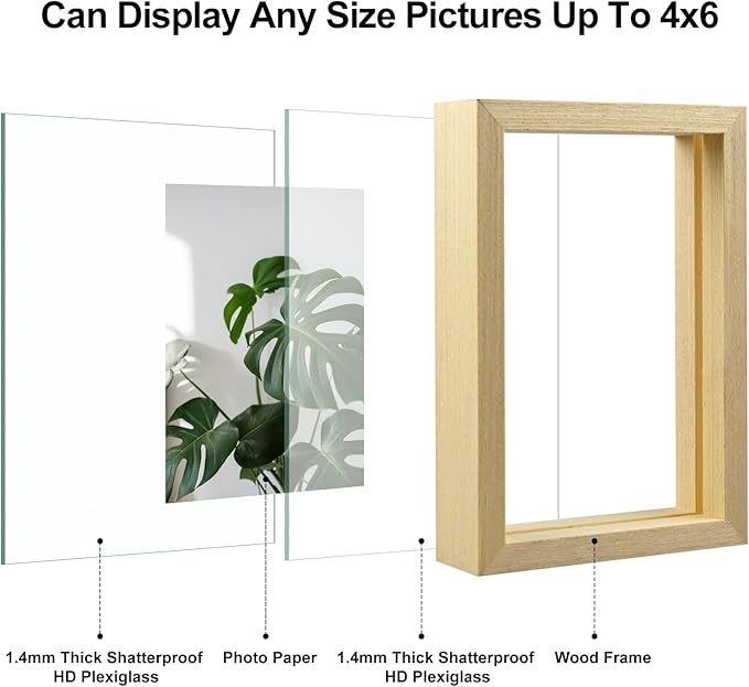 Egofine 4x6 Floating Frames Set of 2, Double Plexiglass Picture Frame, Made of Solid Wood Display Any Size Photo up to 4x6, Wall Mount or Tabletop Standing, Natural Wood