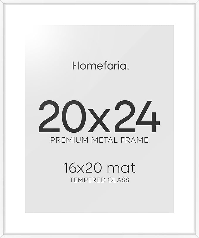 Homeforia 20x24 Picture Frame White, High End Metal 20x24 Frame Matted to 16x20 Print, 20 x 24 White Poster Frames with Mat 16 by 20 inch Photo, 24x20 Hanging Frame, Tempered Glass, Wall Kit, Set of 1