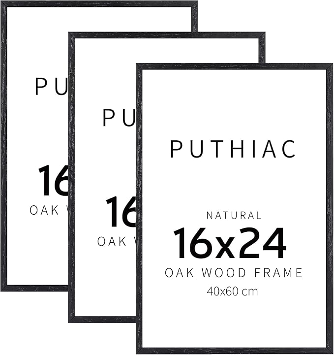 puthiac 16x24 Black Oak Wood Picture Frame - Minimalist 16x24 Poster Frame, 16"x24" Frame Wood, Natural Solid Wooden Picture Frames for Wall Art Photo and Prints (3 Pack, Black)