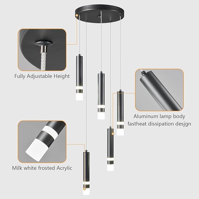 5-Light Modern Pendant Light Kitchen Island Light Fixture Dimmable LED Black Mini Pendant Lights Dinning Room Kitchen Chrome Pendant Lighting