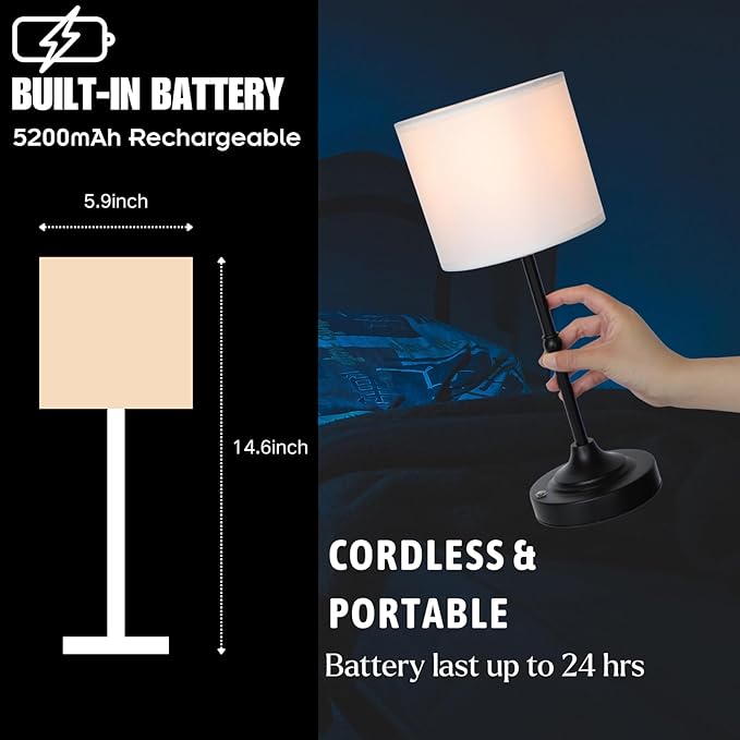 Portable Cordless Table Lamp,Built-in 5200mAH Rechargeable Battery, Dimmable Touch Wireless Light, Bed Side Metal Desk Lamp，Restaurant/Bedroom/Bar/Coffee/Night Light (Blcak)