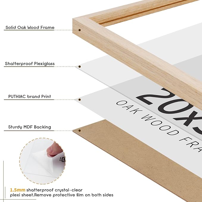 puthiac 20x30 Oak Wood Picture Frame -20"x30" Poster Frames for Wall, 20x30 Picture Frames, 20 x 30 Picture Frame, 20 x 30 Frames for Wall(1 Pack, Beige)