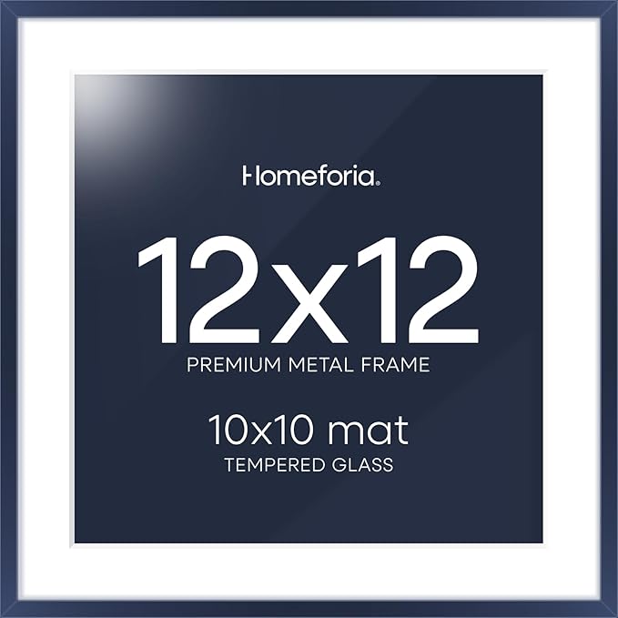 Homeforia 12x12 Picture Frame Navy Blue, High End Metal 12 x 12 Square Poster Frame with Mat 10 x 10 Photo, 12x12 Frame Matted to 10x10 Print, 12by12 Hanging Frames, Tempered Glass, Wall Kit, Set of 1