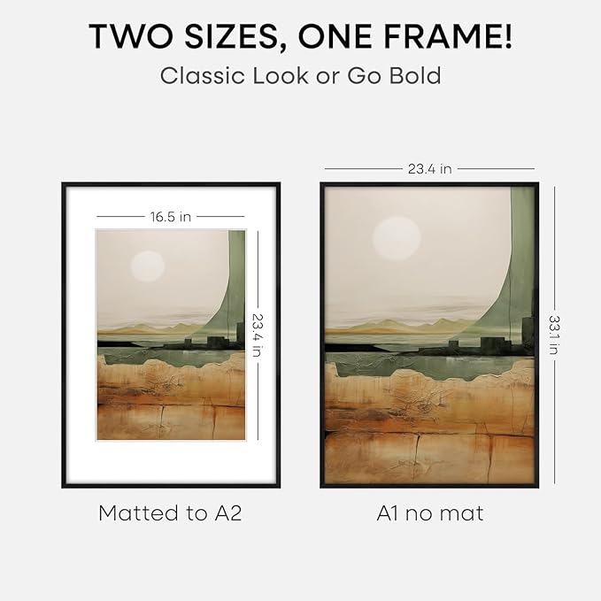 Homeforia Black Wood A1 Frame, High End Oak 23.4 x 33.1 Black Wooden Poster Frames Matted to 16.5 by 23.4 inches Photo, A1 Size Large Wood Picture Frame with Mat A2, Tempered Glass, Wall Kit, Set of 2