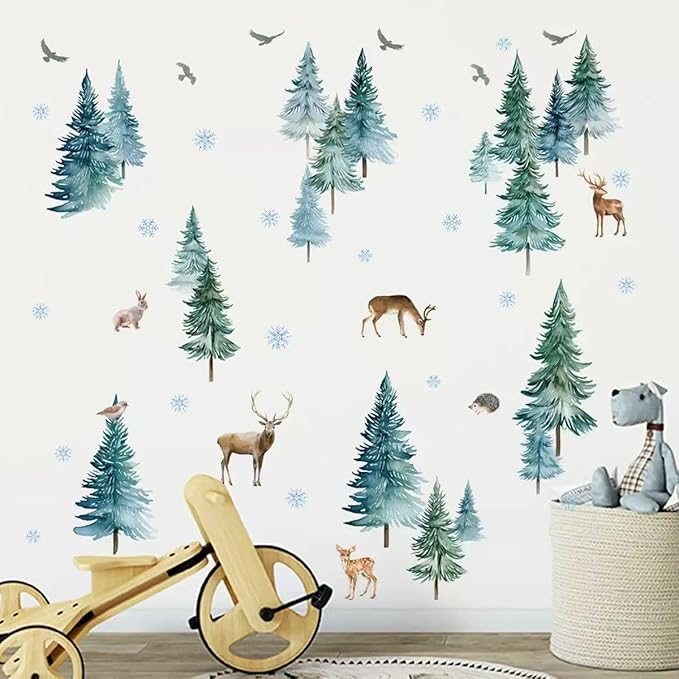 Large Christmas Tree Wall Stickers， Pine Tree Forest Deer Elk Kids Bedroom Holiday Decor，Xmas Snowflakes Woodland Animals Birch Birds for Nursery Living Room Offices Home Bedroom