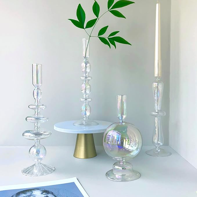 Candle Stick Candle Holder, Glass Candle Holders for Table Centerpiece, Modern Style Iridescent Candle Holder Mixed 4pcs