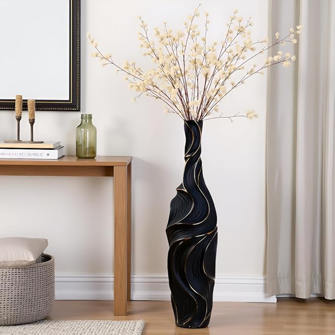 Floor Vase Handmade Resin - 22.83" Tall Brown Vases with Gold Wave Patterns, 6.29" Wide Decorative Tall Floor Vase for Home Decor, Farmhouse & Modern Interior Design