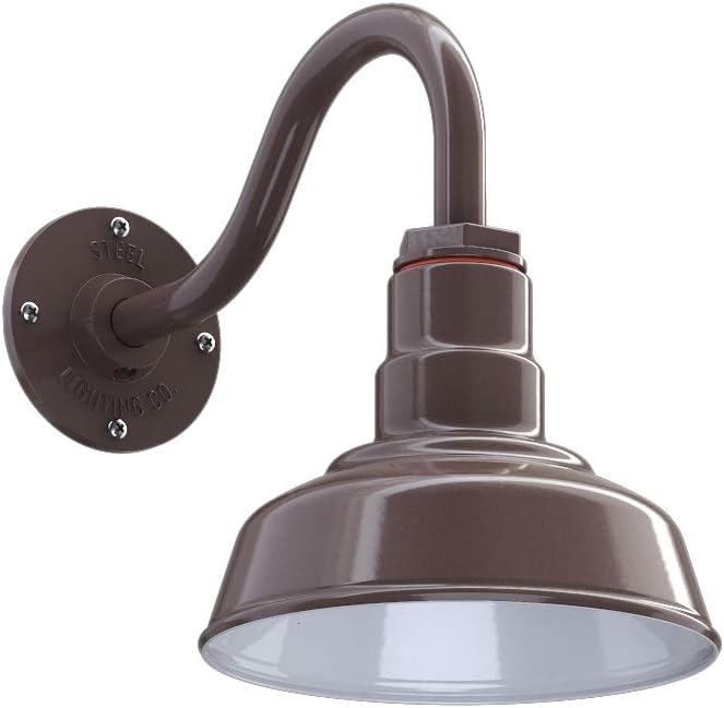 Steel Lighting Co. Hawthorne Barn Light | Outdoor Wall Mounted | 8 inch Dome | 11 inch Gooseneck| Small Farmhouse Light Made in America | Dark Bronze Exterior/White Interior