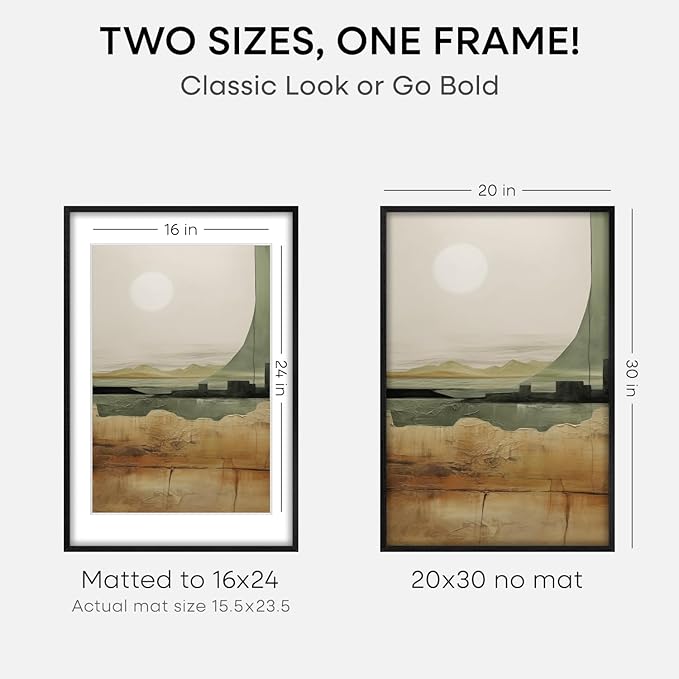 Homeforia 20x30 Black Wood Frame, High End Oak 20x30 Wooden Picture Frames with Mat 16x24 Photo, 20 x 30 Poster Frame Matted to 16 by 24 Print, 30x20 Hanging Frames, Tempered Glass, Wall Kit, Set of 3