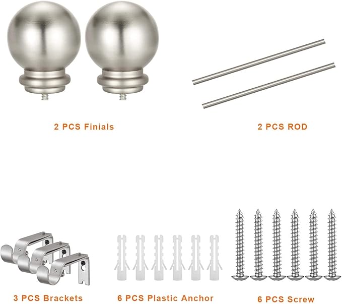 YunNephele Window Curtain Rods 36-72 inches Nickel Brushed, Classic Ball Finials Design Curtain Rod, 1 inch Metal Iron Single Drapery Rod, Heavy Duty Adjustable Curtain Rod Set