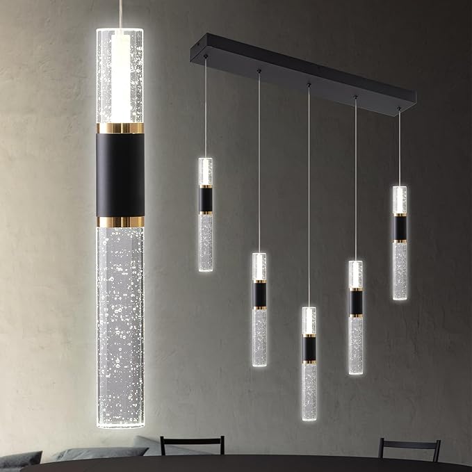 5-Lights Led Chandelier, Black and Gold Crystal Modern Led Chandelier for Dining Room, Luxury Dimmable Enterway Led Pendant Lights Fixture with Remote Control Flush Mount