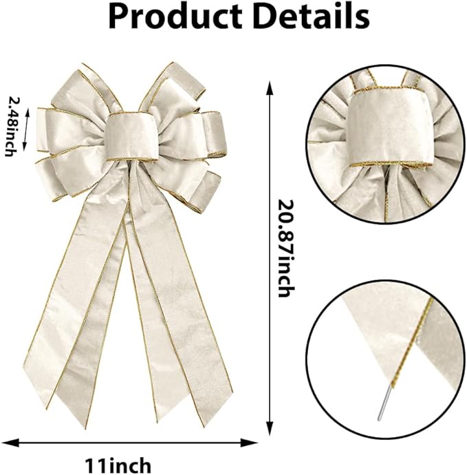 Large Christmas Bow for Wreath 20 * 11inch Vintage White Wreaths Bow Golden Edged White Velvet Tree Topper Ornament Decorative Bows for Xmas Home Outdoor Indoor Party